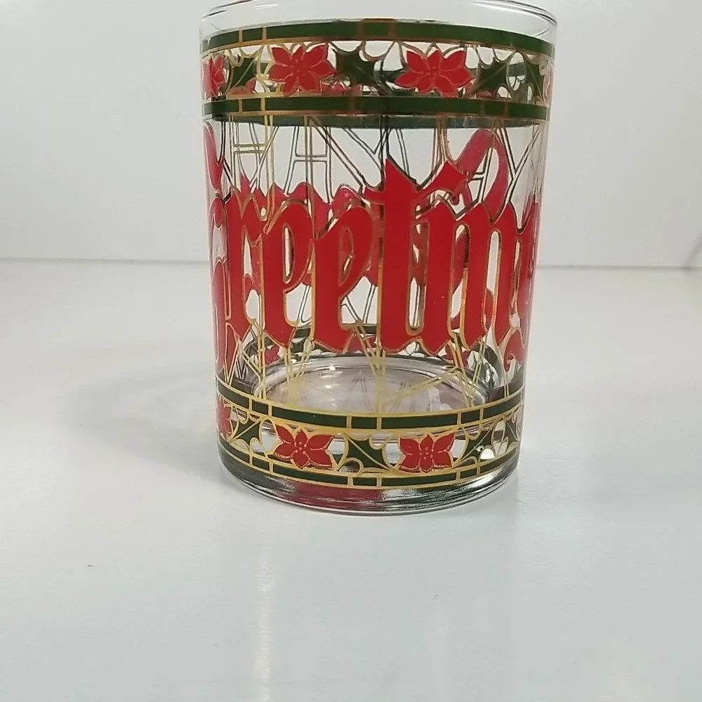 Houze 'Seasons Greetings' Glass Drink Tumbler Red & Green Gold Rim Vintage